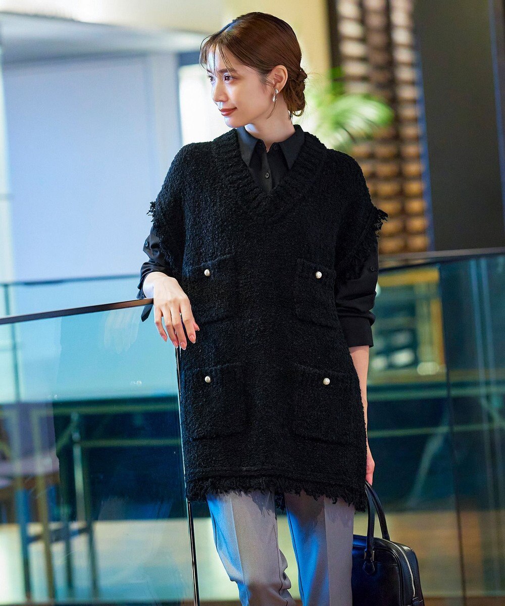 Tiaclasse 【洗える】ツイード見えフリンジニットベスト 