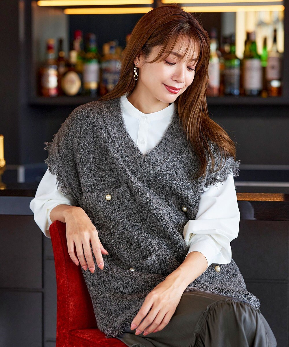 Tiaclasse 【洗える】ツイード見えフリンジニットベスト 