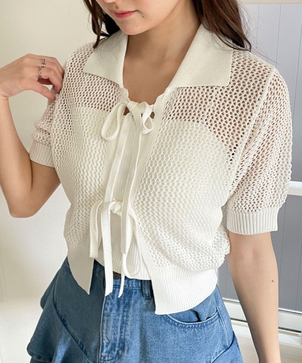 WEGO 襟付きリボンメッシュショートカーデ 