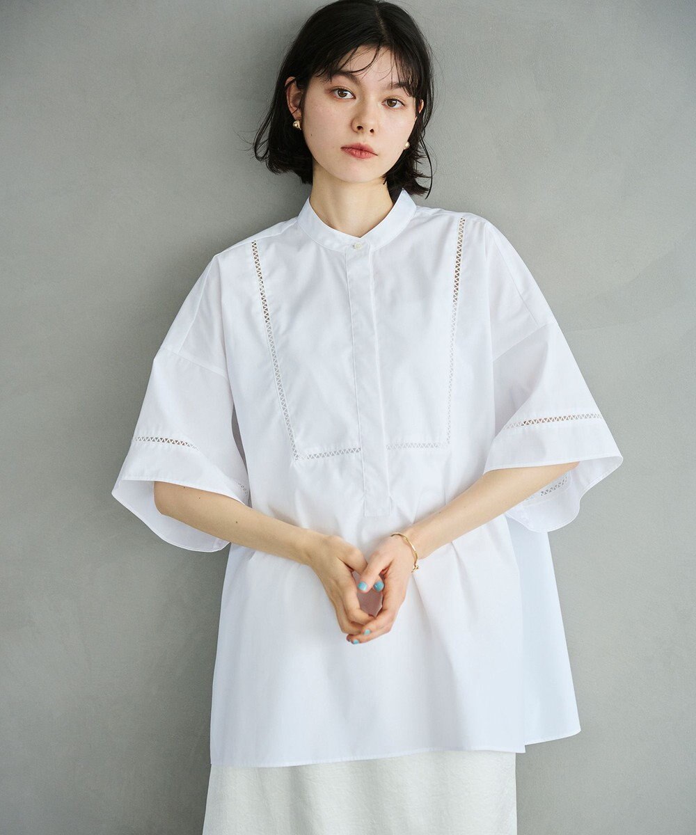 #Newans 【洗える/セットアップ可能】ハシゴレースビブデザインシャツ 