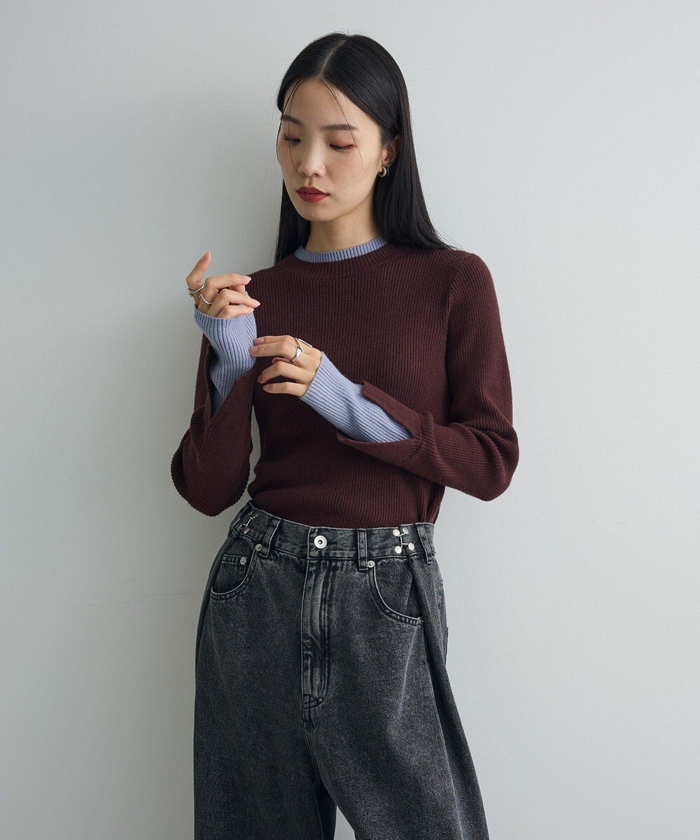 Green Parks ダブルカフスモックネック配色ニット 