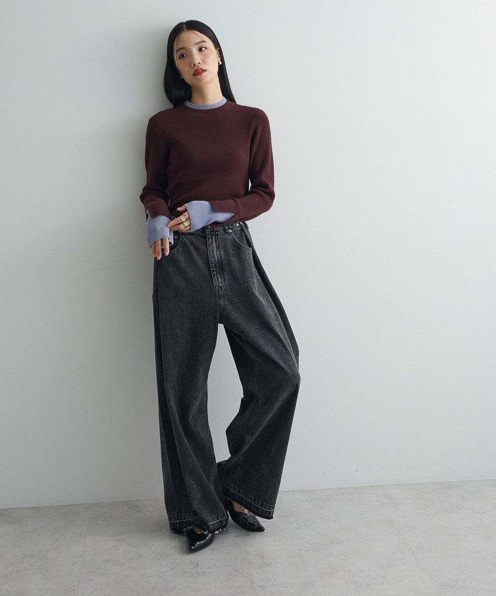 Green Parks ダブルカフスモックネック配色ニット 