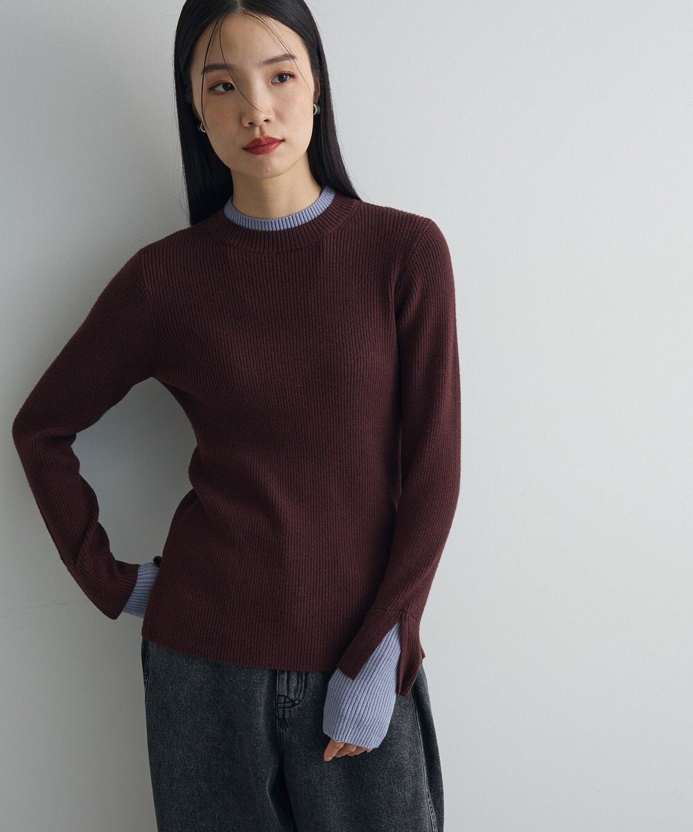 Green Parks ダブルカフスモックネック配色ニット 