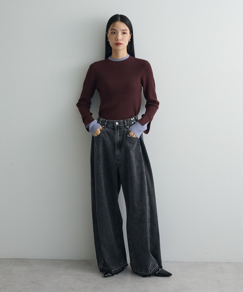 Green Parks ダブルカフスモックネック配色ニット 