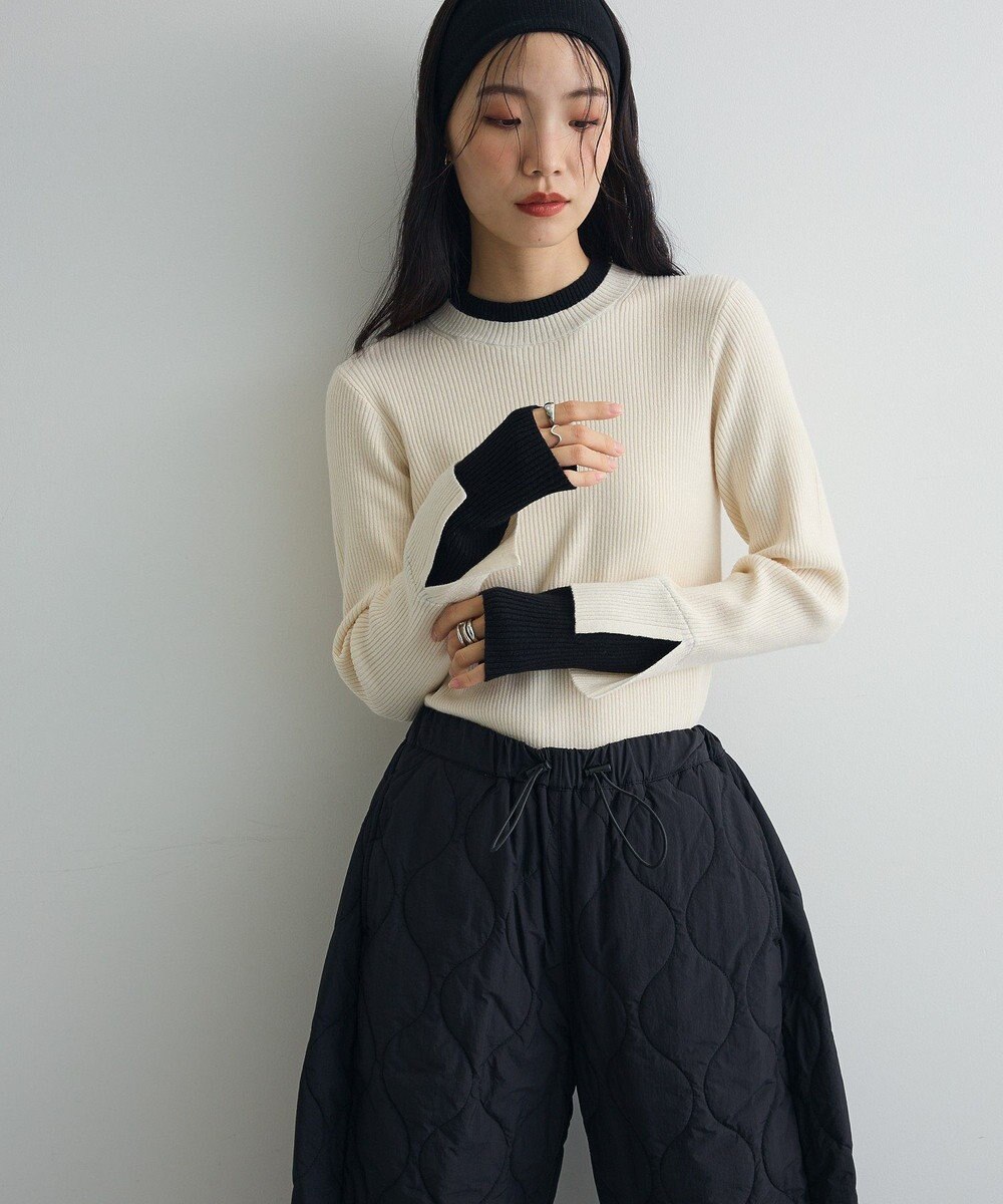 Green Parks ダブルカフスモックネック配色ニット 