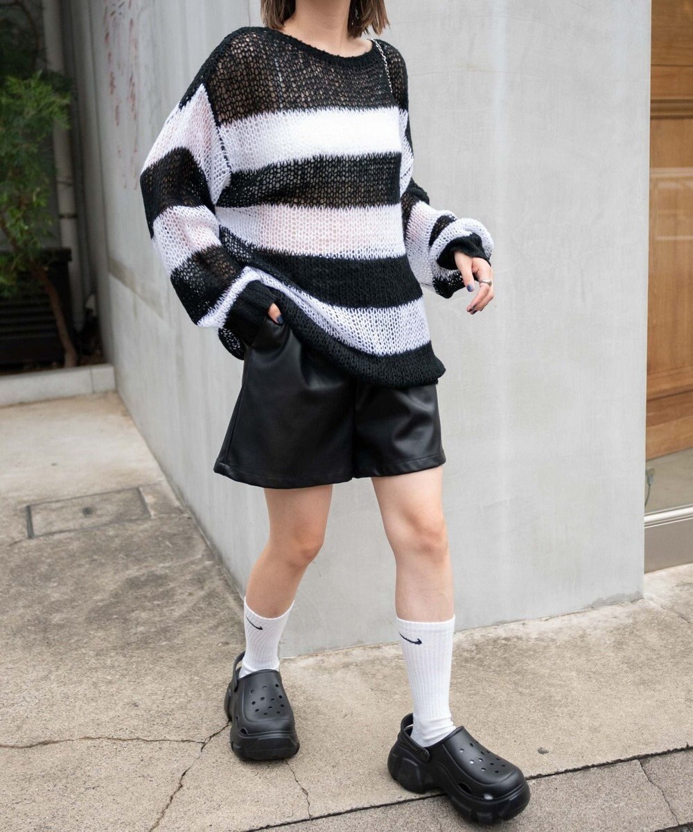 WEGO ボーダーモヘアタッチメッシュニットプルオーバー 