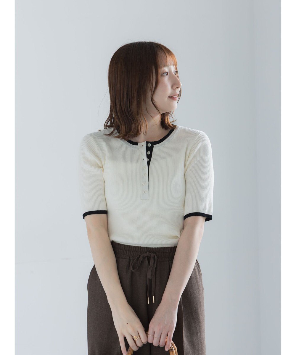 Te chichi 【UVカット】ヘンリーネック5分袖配色リブニット 