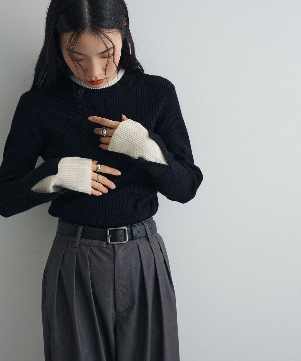 Green Parks ダブルカフスモックネック配色ニット 