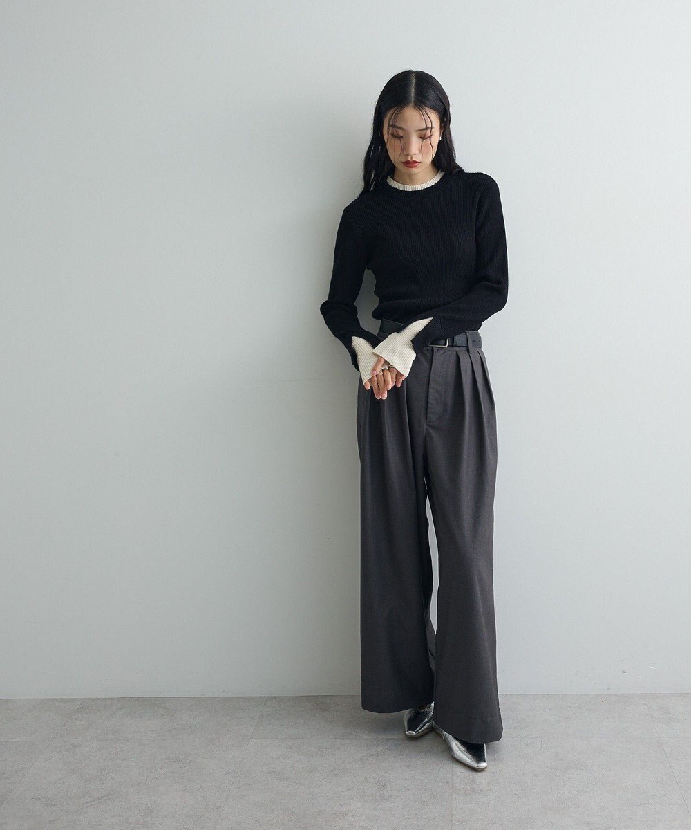 Green Parks ダブルカフスモックネック配色ニット 