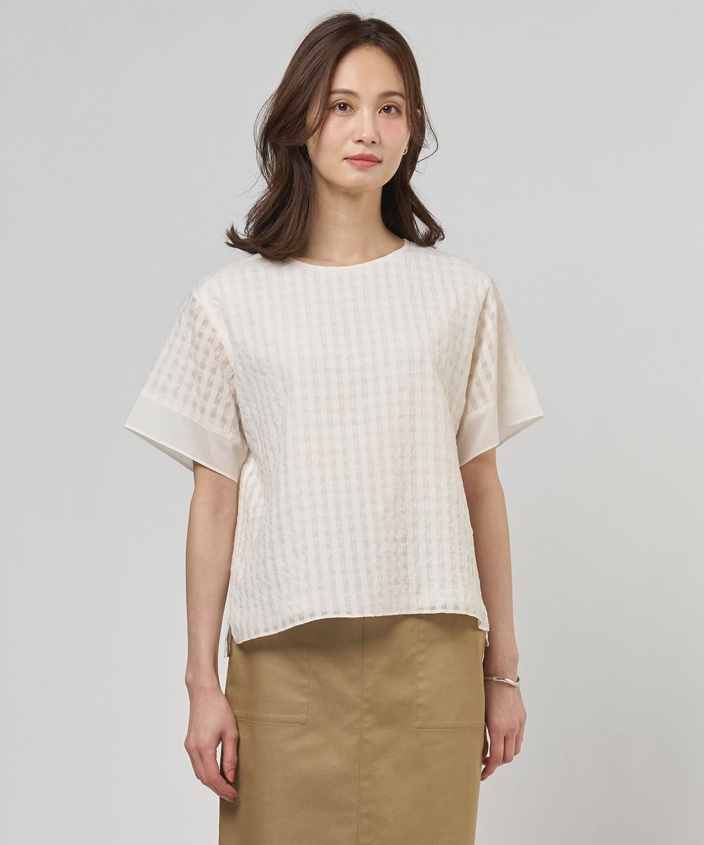 J.PRESS LADIES 【一枚で着映え】シアーギンガム クルーネック カットソー 