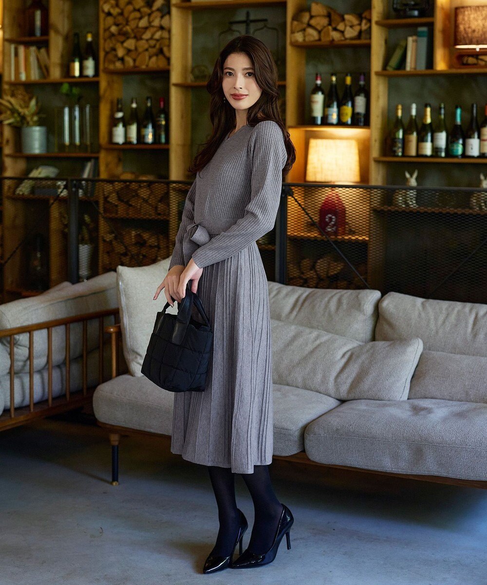 Tiaclasse 【洗える】プリーツ編みラメニットフレアワンピース 