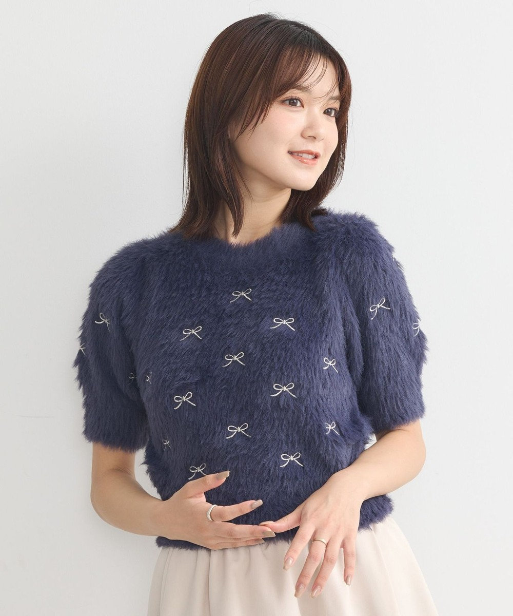 earth music&ecology リボン刺繍フェザーニットプルオーバー Navy