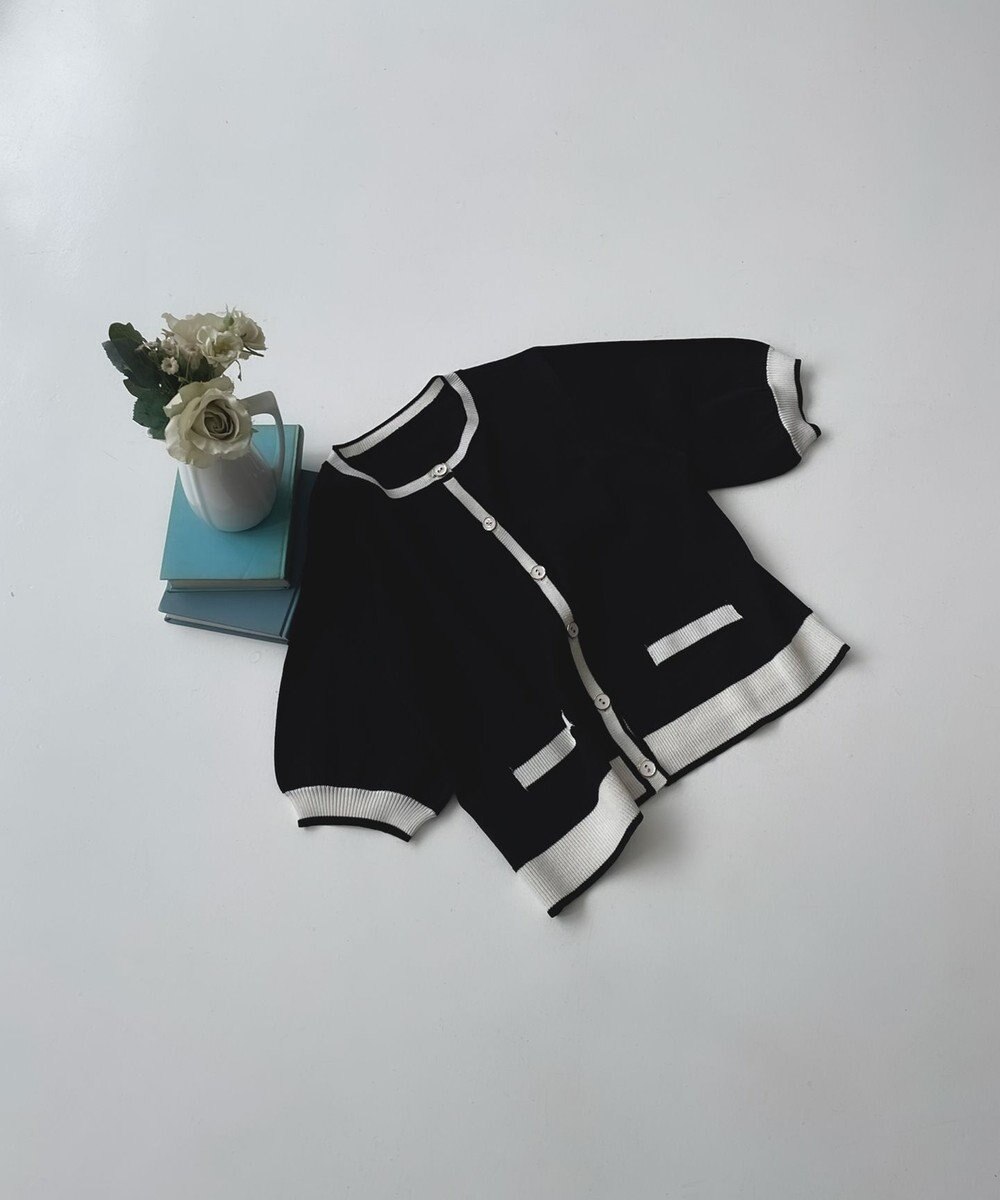 Feroux 【洗える】バイカラーハーフスリーブ カーディガン 