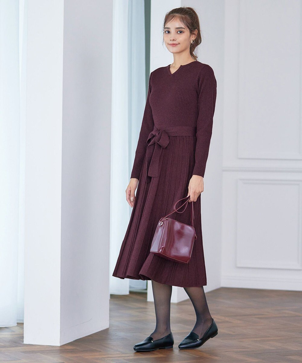 Tiaclasse 【洗える】プリーツ編みラメニットフレアワンピース 