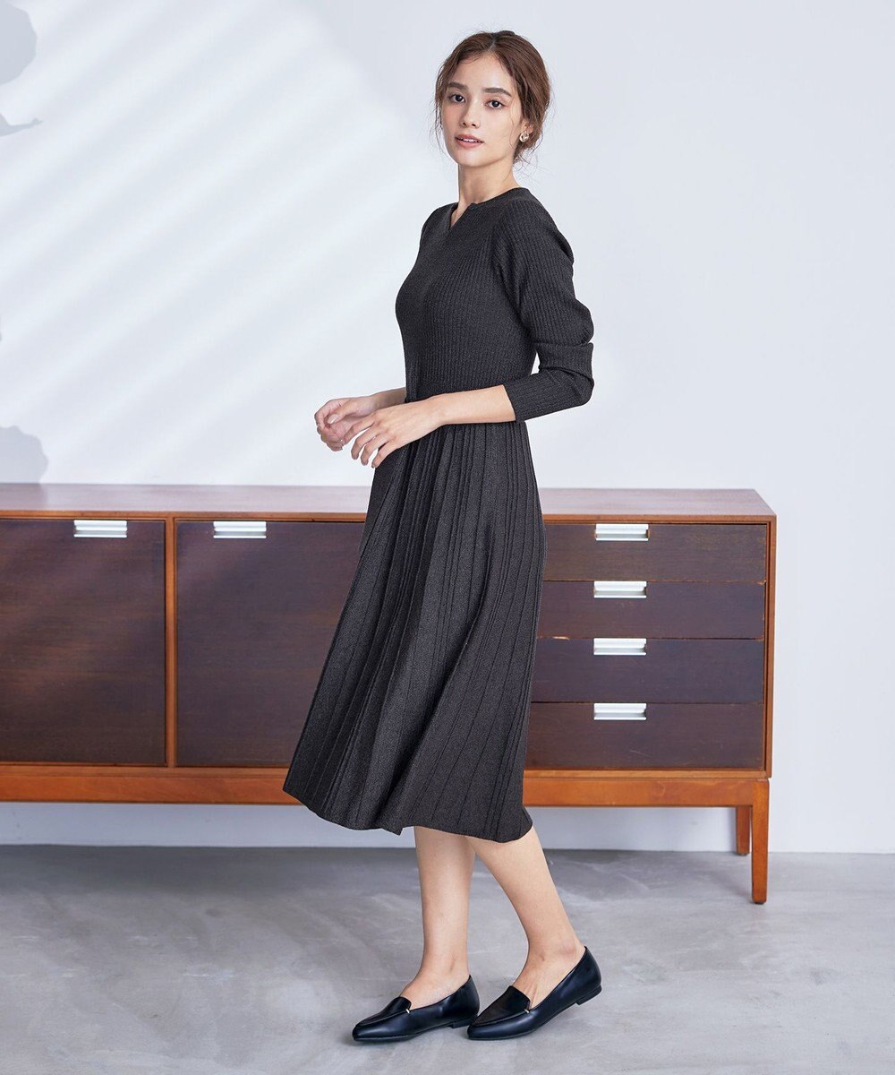 Tiaclasse 【洗える】プリーツ編みラメニットフレアワンピース 