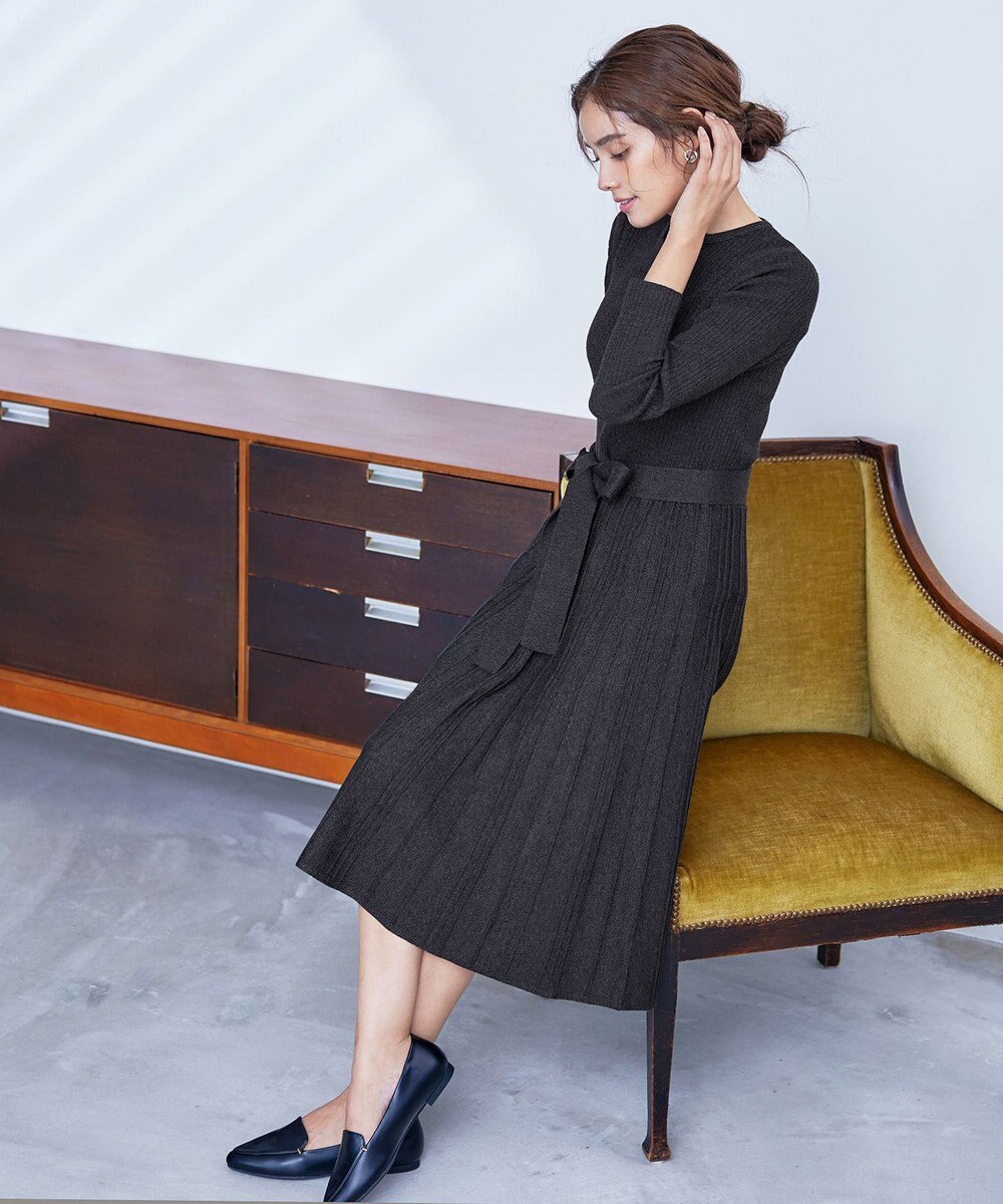 Tiaclasse 【洗える】プリーツ編みラメニットフレアワンピース 