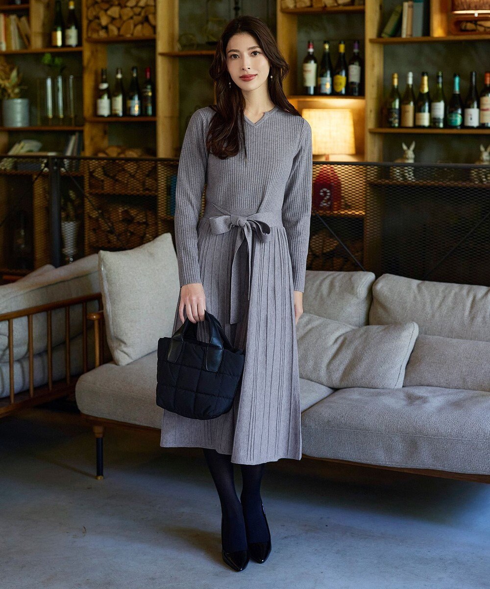 Tiaclasse 【洗える】プリーツ編みラメニットフレアワンピース 