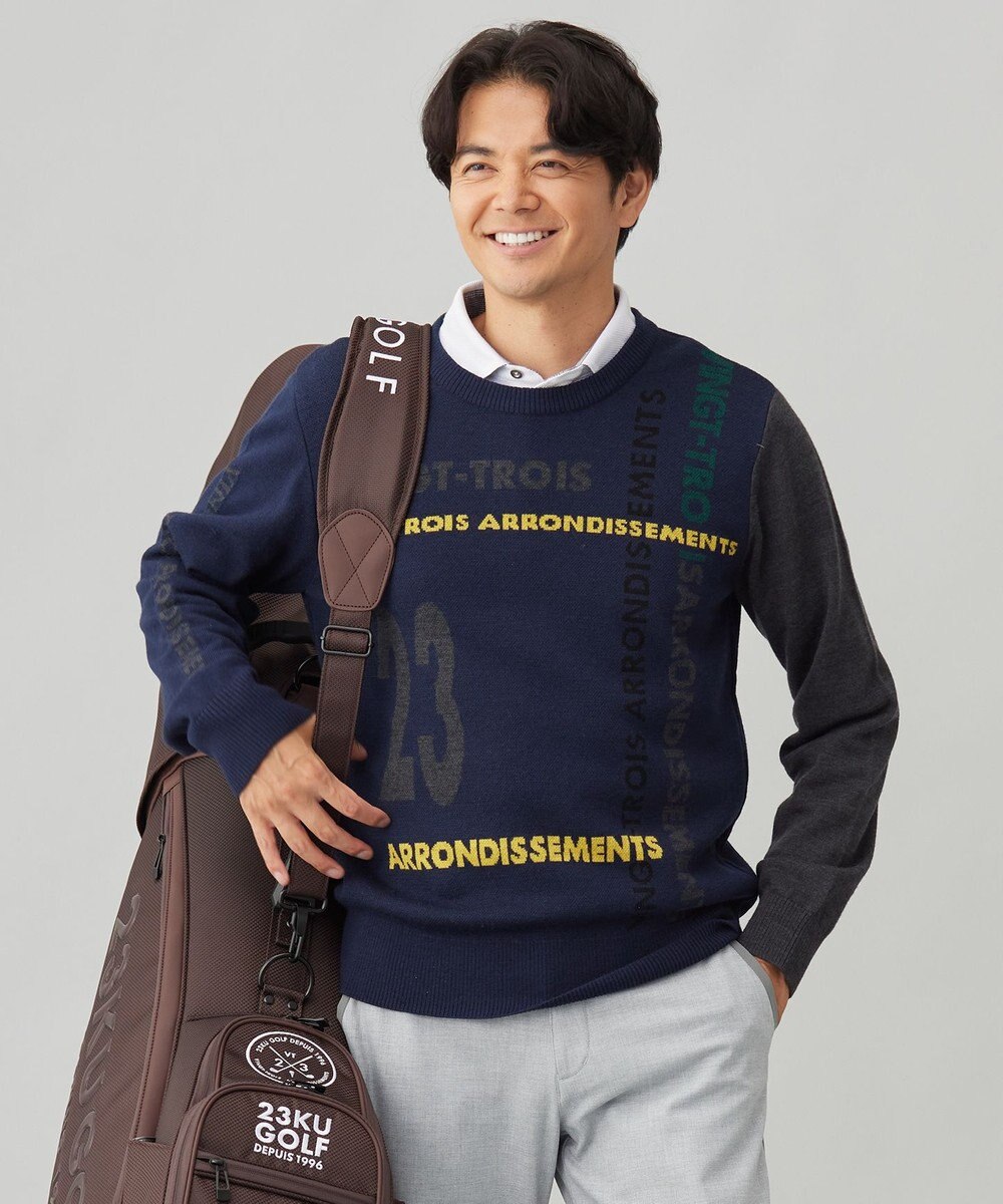 23区GOLF 【MEN】ロゴチェックジャガード　クルーネック ニット 