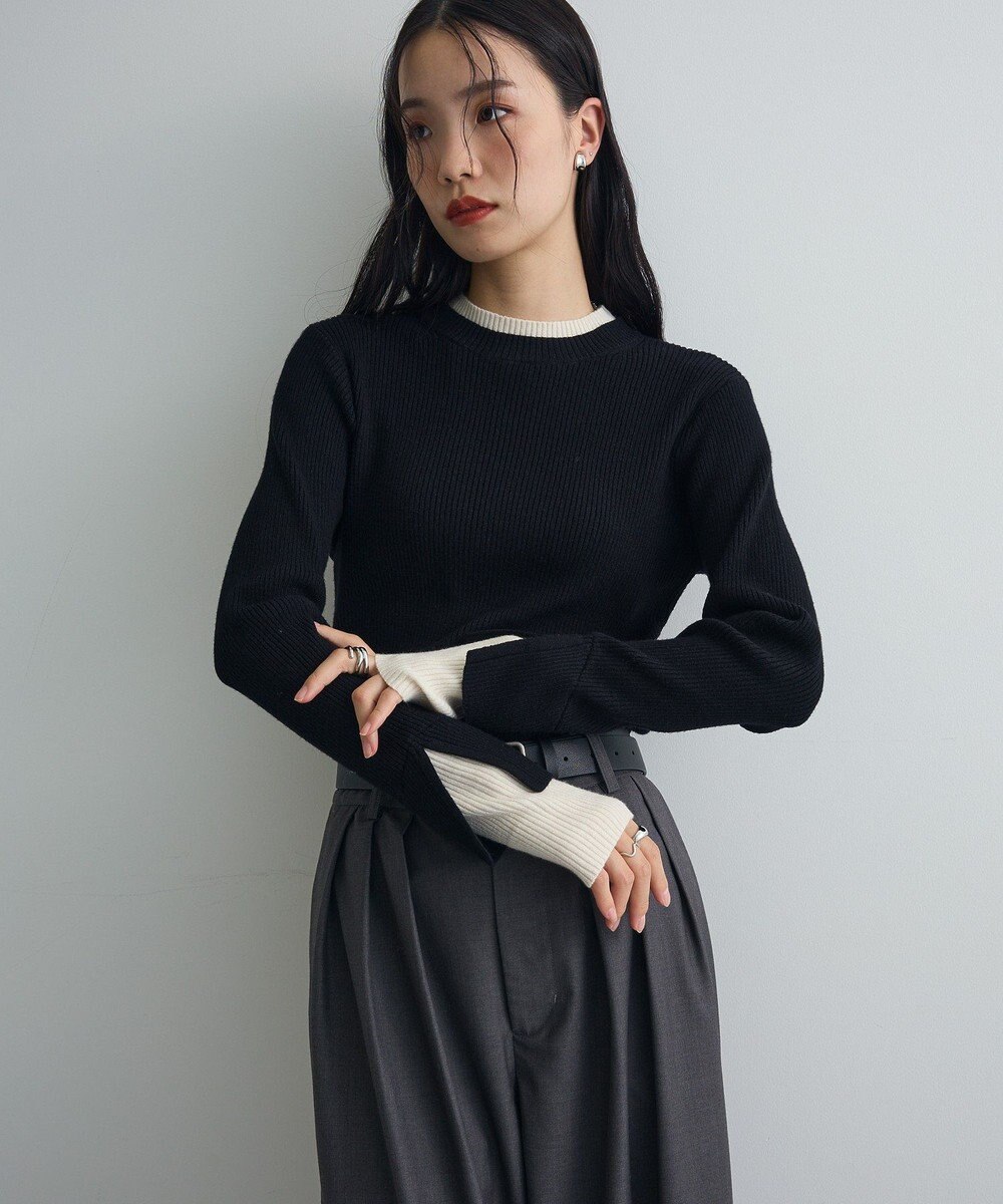 Green Parks ダブルカフスモックネック配色ニット 