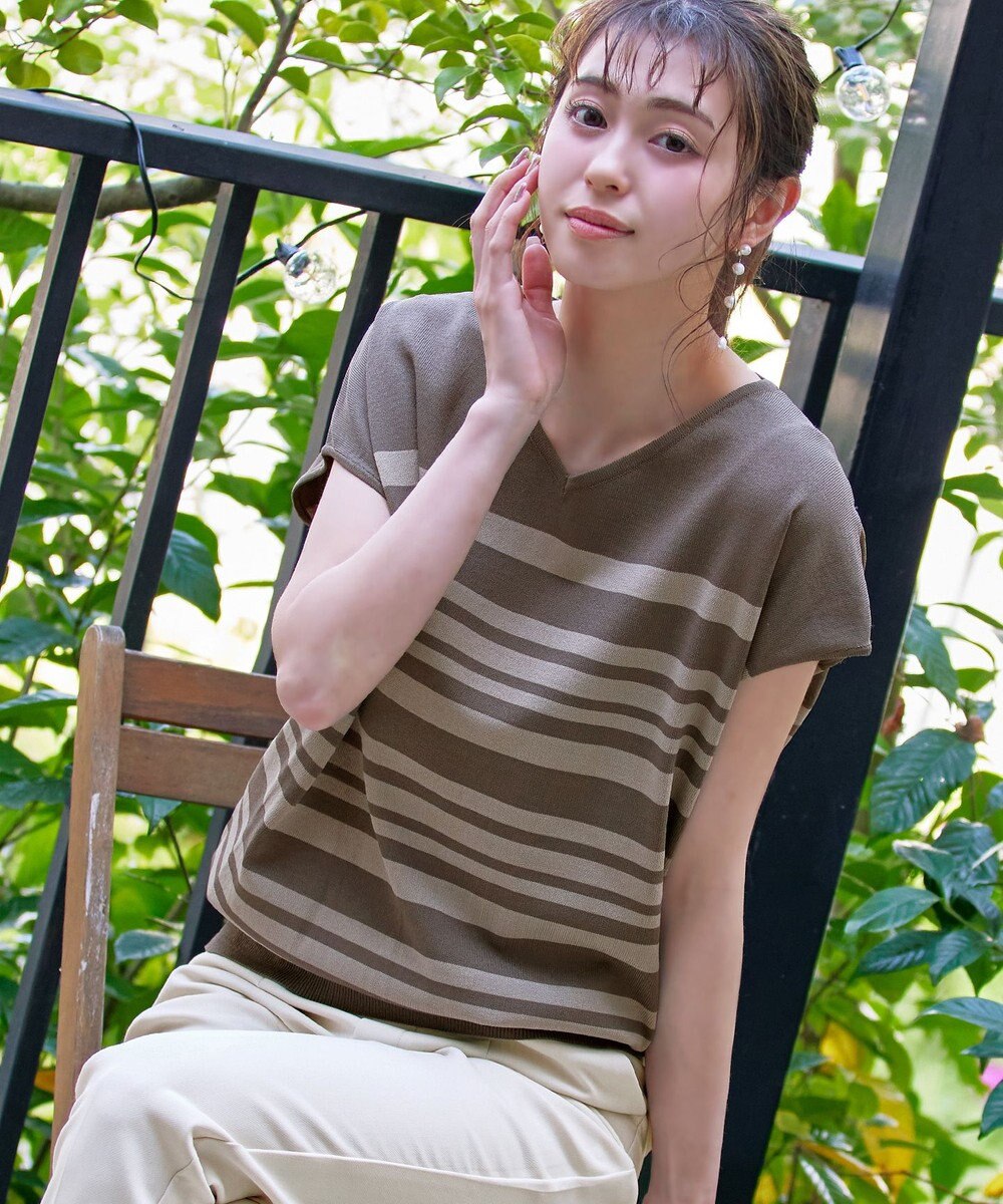 Tiaclasse L 【洗える】マルチボーダーフレンチスリーブニット 