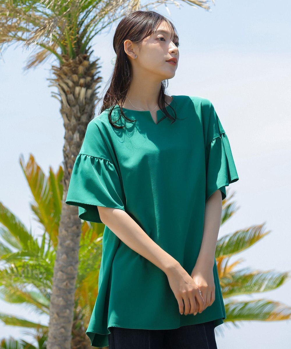 Tiaclasse 【洗える】キーネックフレア袖チュニックブラウス 