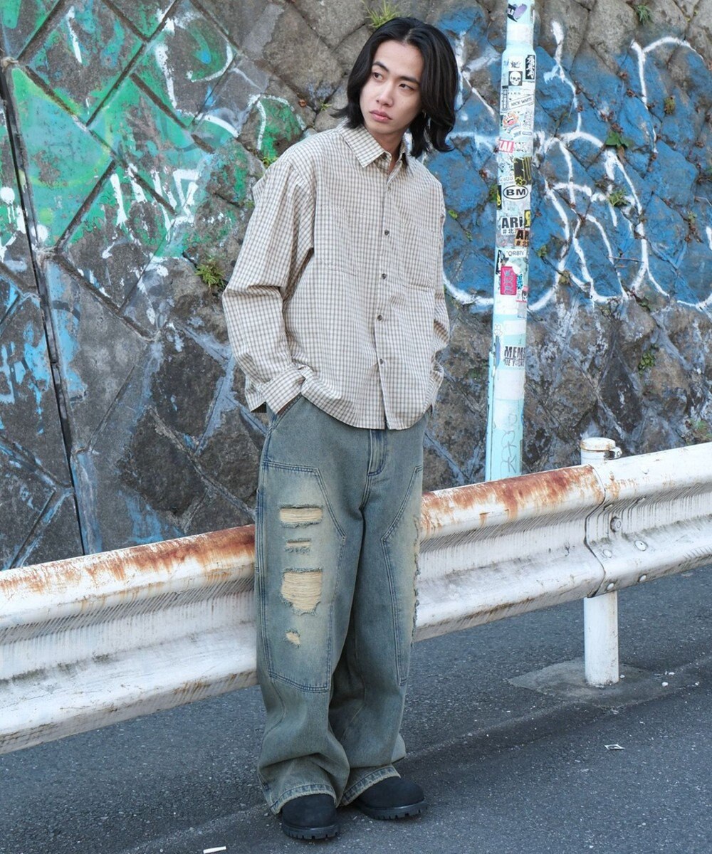 WEGO ダブルニーダメージデニムパンツ 