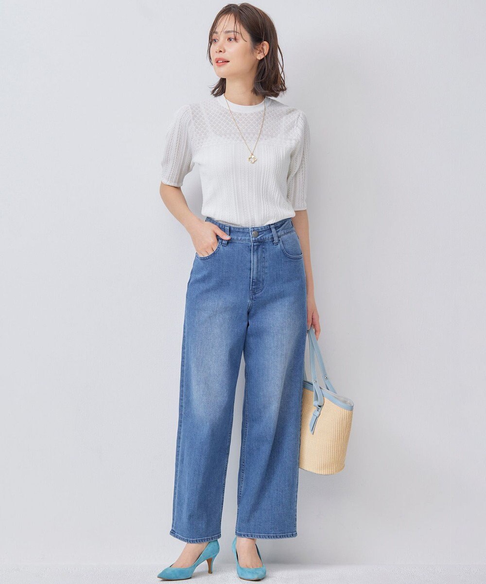 組曲 L 【ストレッチ】ミッドデニム ワイドストレートパンツ 