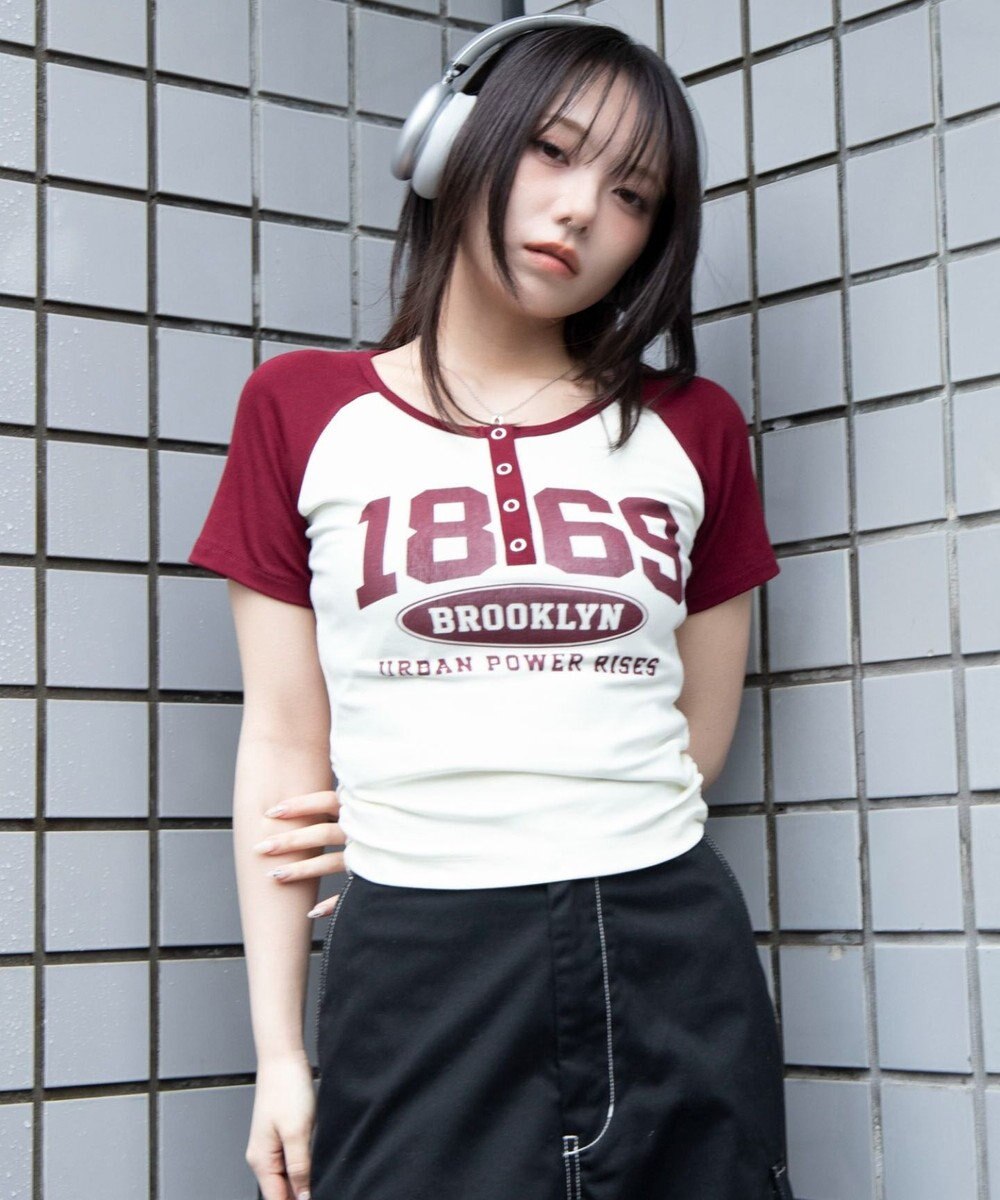 WEGO グラフィックラグランヘンリーネックT 