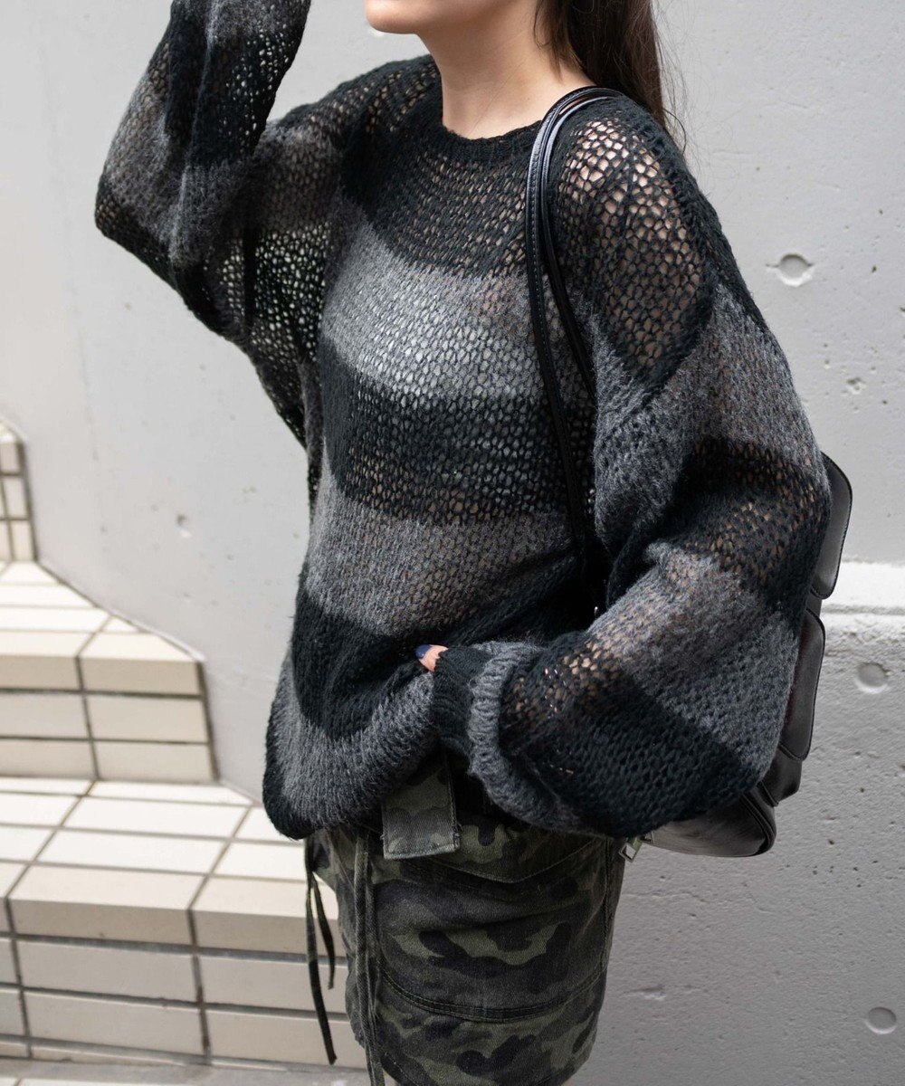 WEGO ボーダーモヘアタッチメッシュニットプルオーバー 