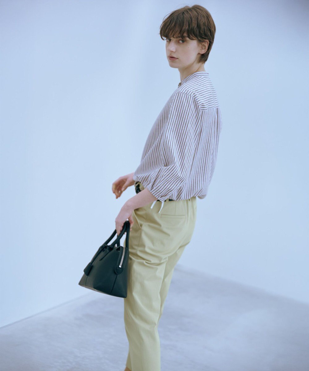 J.PRESS LADIES 【洗える・接触冷感・吸水速乾】麻STRIPE バンドカラー シャツ ブラウス 