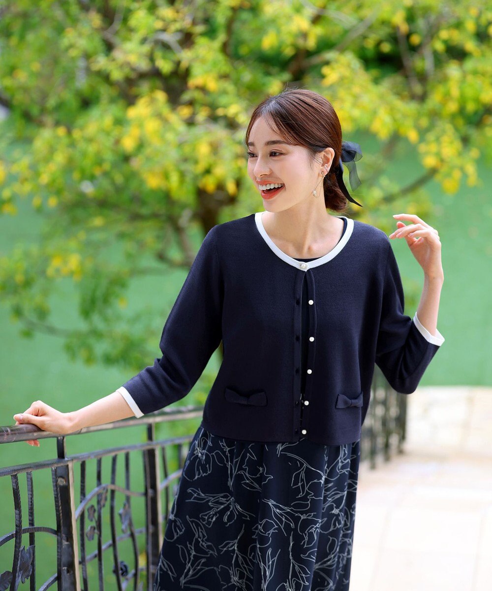 Tiaclasse 【洗える】フェイクリボンポケット付きカーディガン 