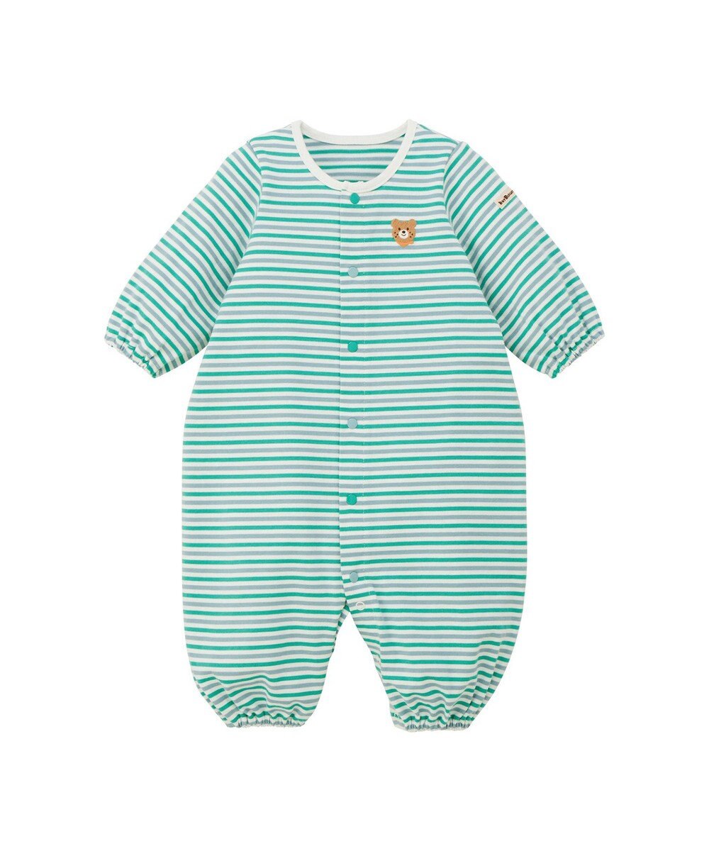 MIKI HOUSE HOT BISCUITS 【50-60cm】 みじんボーダー ワンポイント刺繍 ツーウェイオール 