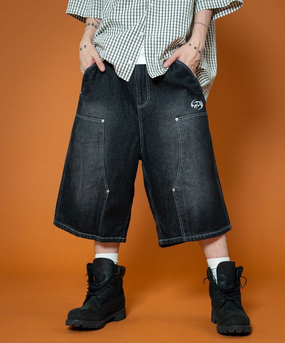 WEGO 【ユニセックス着用ITEM】ダブルニーロゴデニムショーツ 