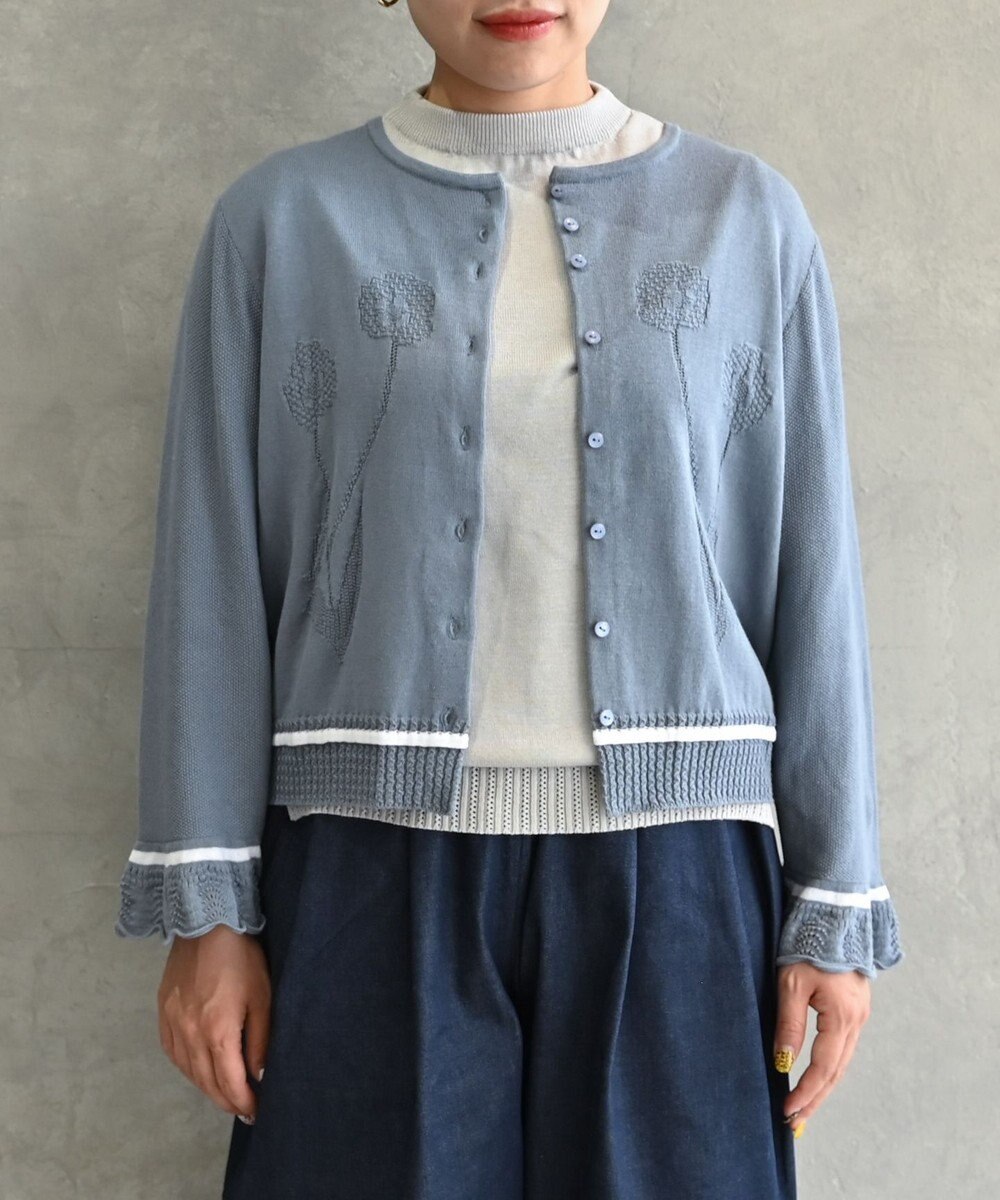 muuc 〈細番手の高級綿糸コットンコーマ糸〉〈洗練された繊維の滑らかな肌触り〉〈お家で洗えるニット〉模様編み ポピーの花リンクス編み カーディガン 