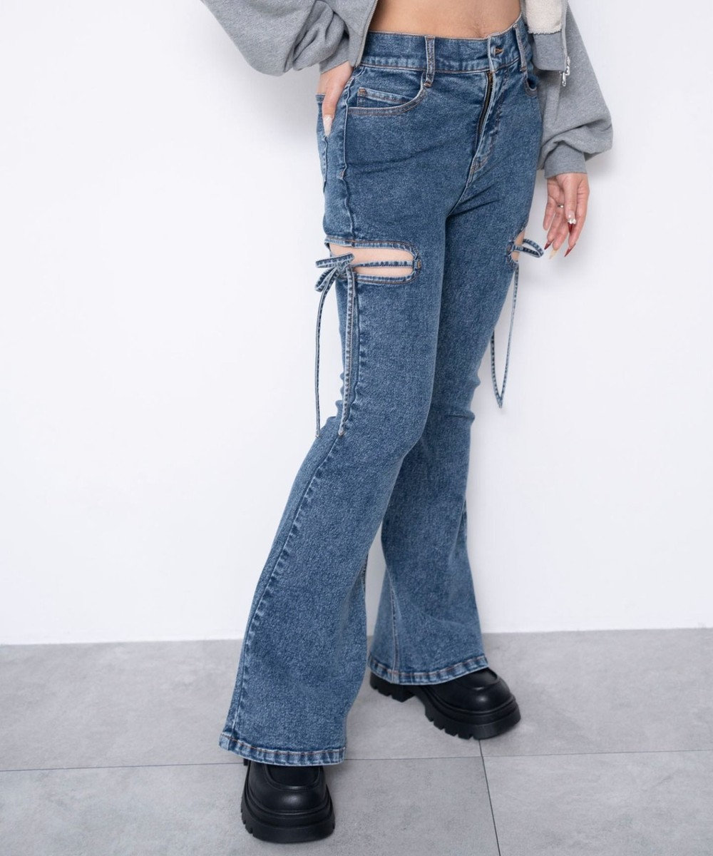 WEGO 【SMサイズ展開/伸びる】カットアウトリボンストレッチフレアデニムパンツ 