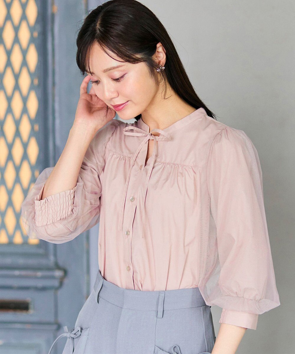 Feroux 袖チュールリボンスキッパー ブラウス 