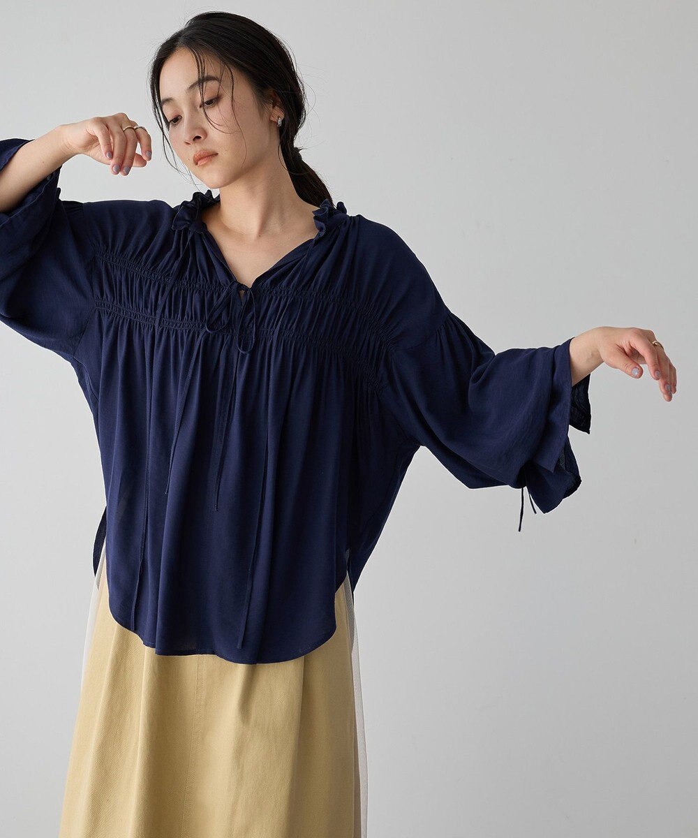 YECCA VECCA シャーリングギャザーリボンブラウス 