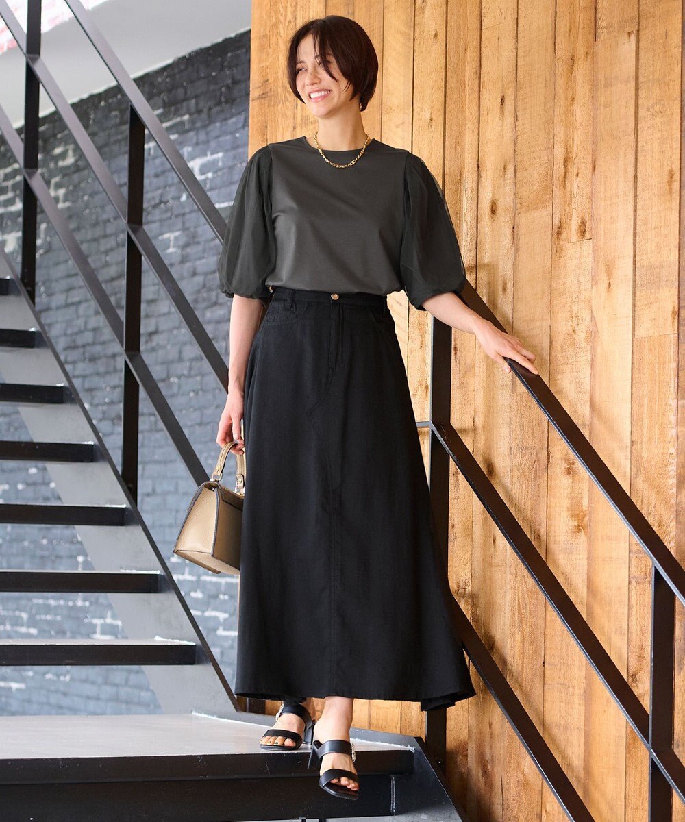 自由区 【洗える・XSサイズあり】シアーコンビパフスリーブ カットソー 