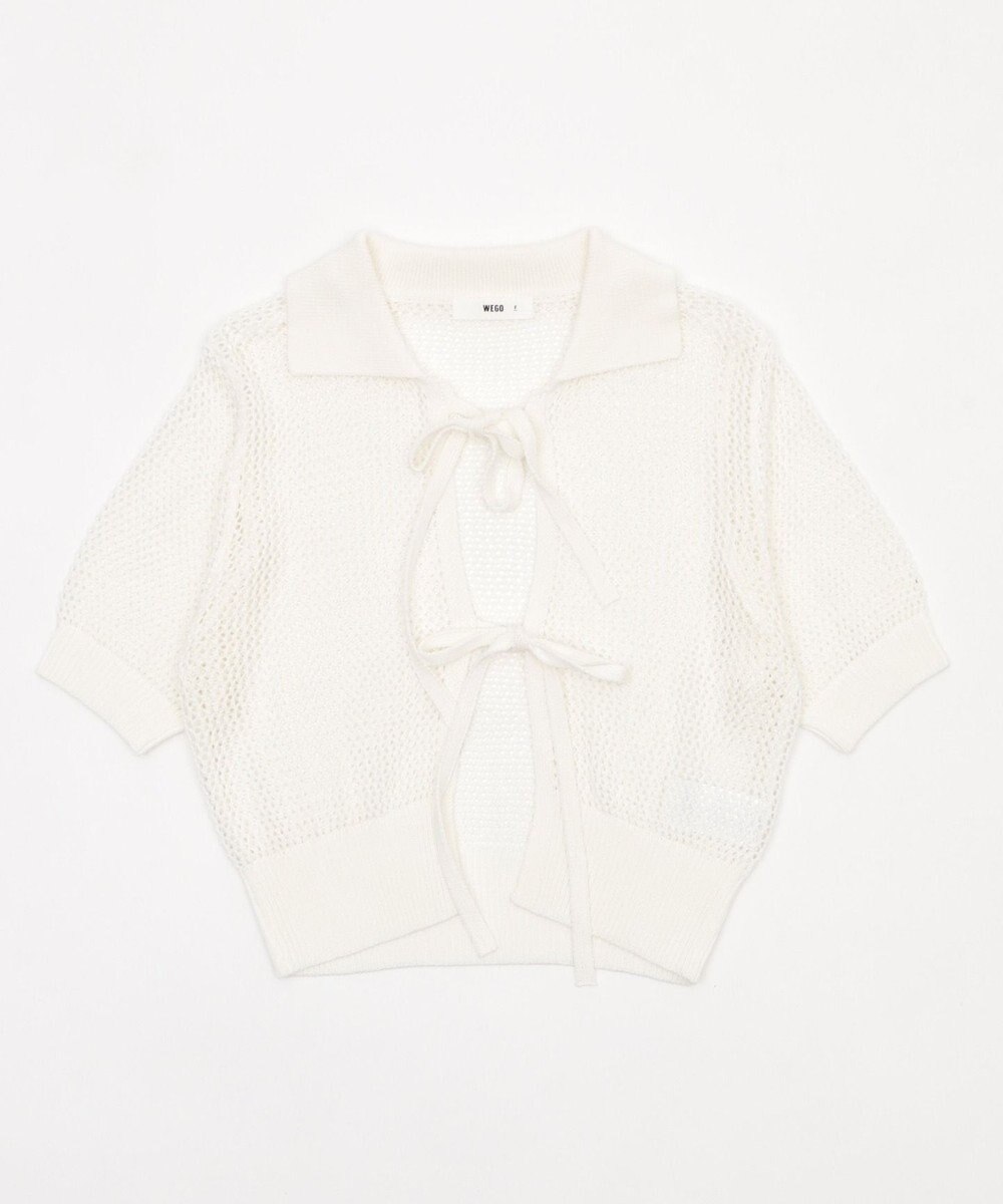 WEGO 襟付きリボンメッシュショートカーデ 