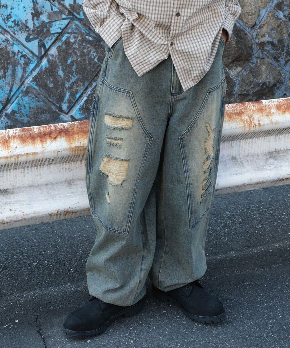 WEGO ダブルニーダメージデニムパンツ 