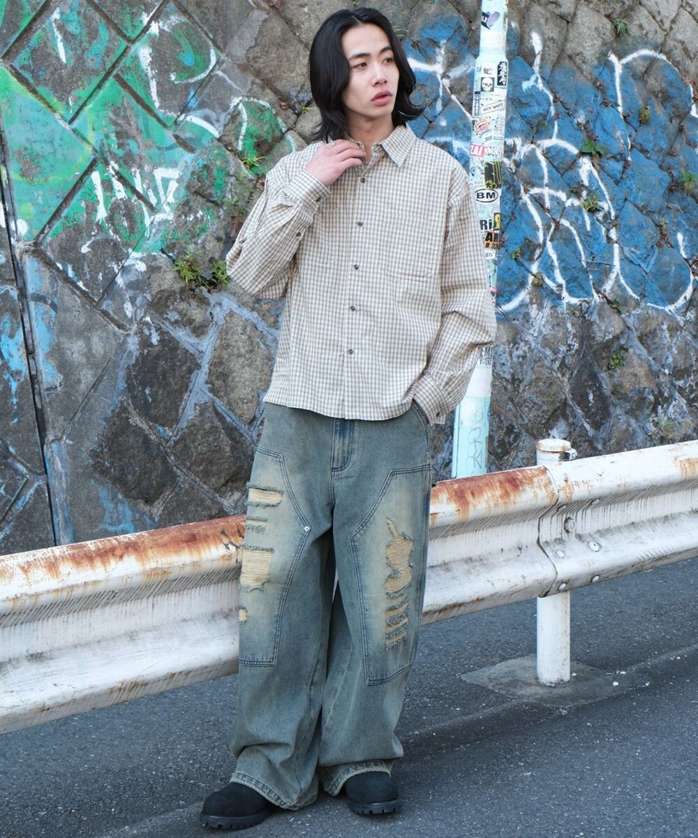 WEGO ダブルニーダメージデニムパンツ 