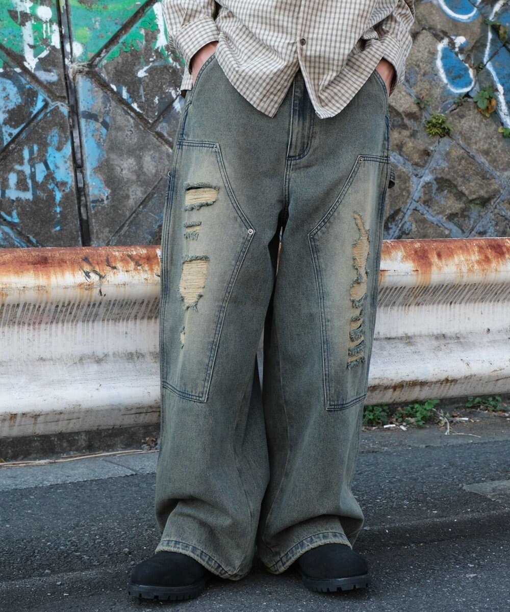 WEGO ダブルニーダメージデニムパンツ 