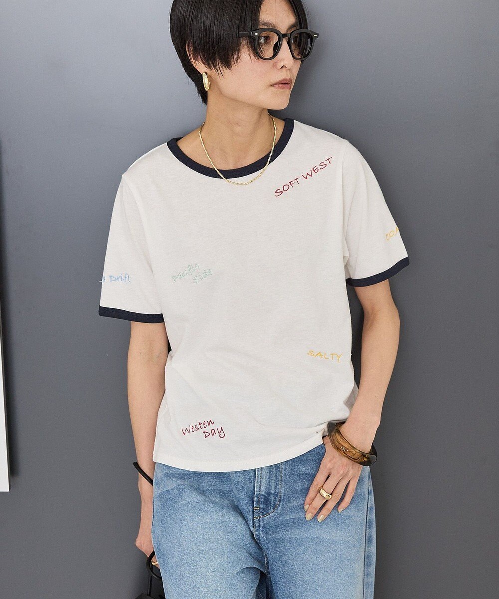 AMERICAN HOLIC ランダムロゴ刺繍リンガーTシャツ 