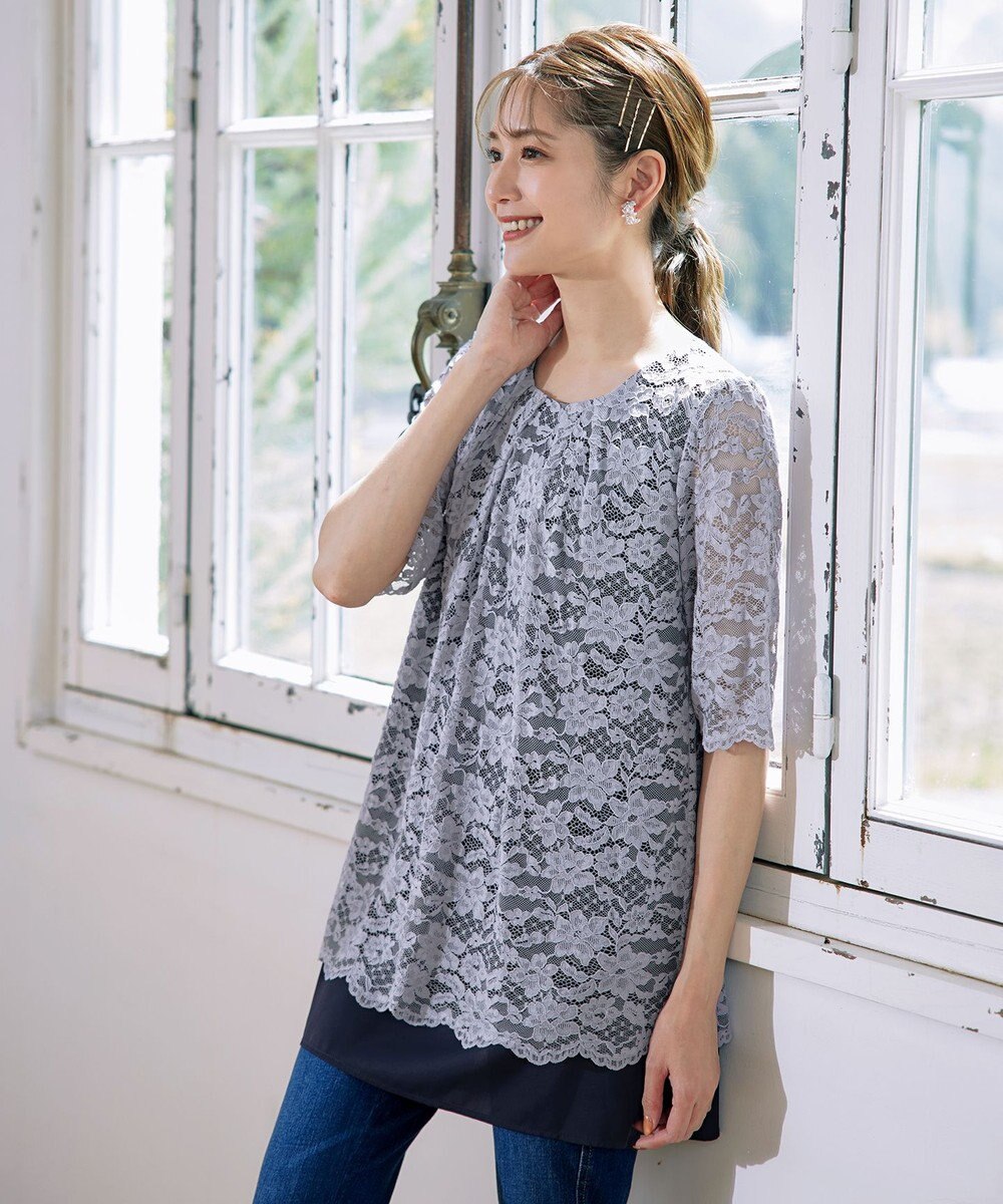 Tiaclasse 【洗える】スカラップレースチュニックブラウス 