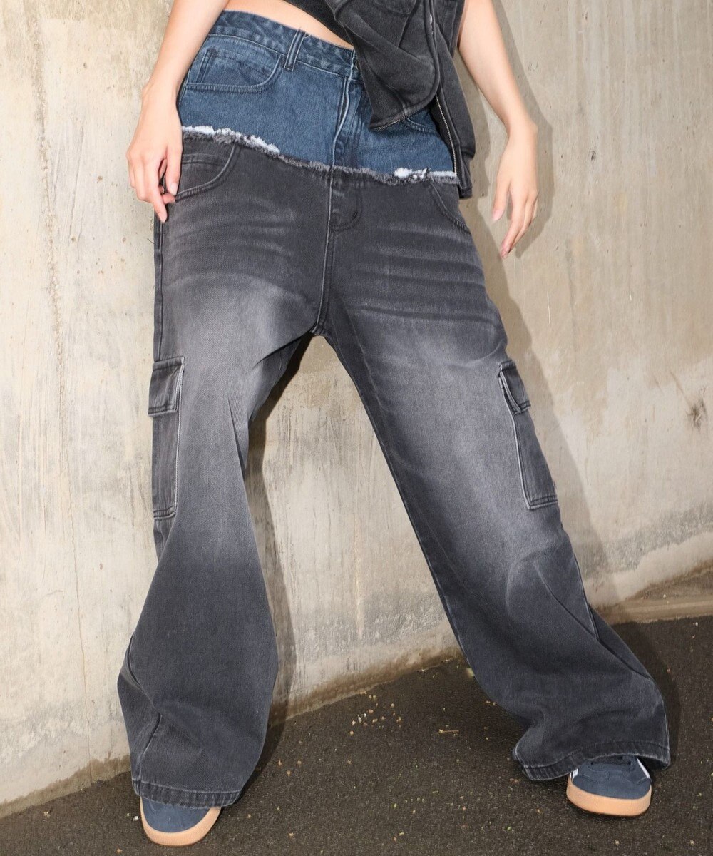 WEGO 【ユニセックス着用ITEM?MLサイズ展開】ダブルウエストカーゴデニムパンツ 