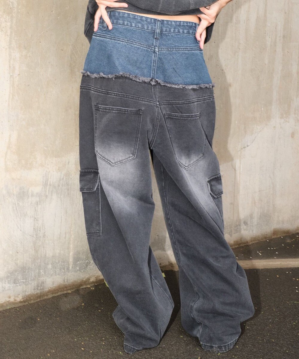 WEGO 【ユニセックス着用ITEM?MLサイズ展開】ダブルウエストカーゴデニムパンツ 