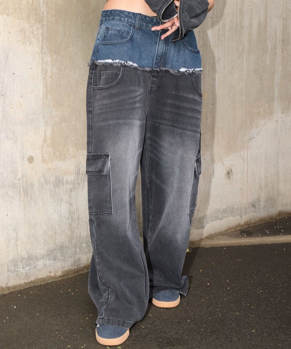 WEGO 【ユニセックス着用ITEM?MLサイズ展開】ダブルウエストカーゴデニムパンツ 