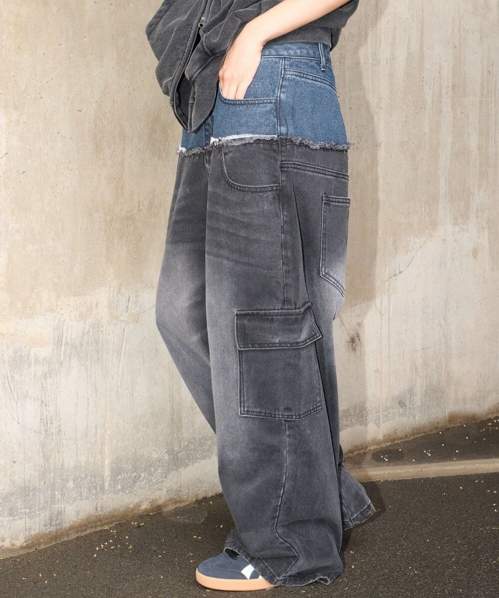 WEGO 【ユニセックス着用ITEM?MLサイズ展開】ダブルウエストカーゴデニムパンツ 