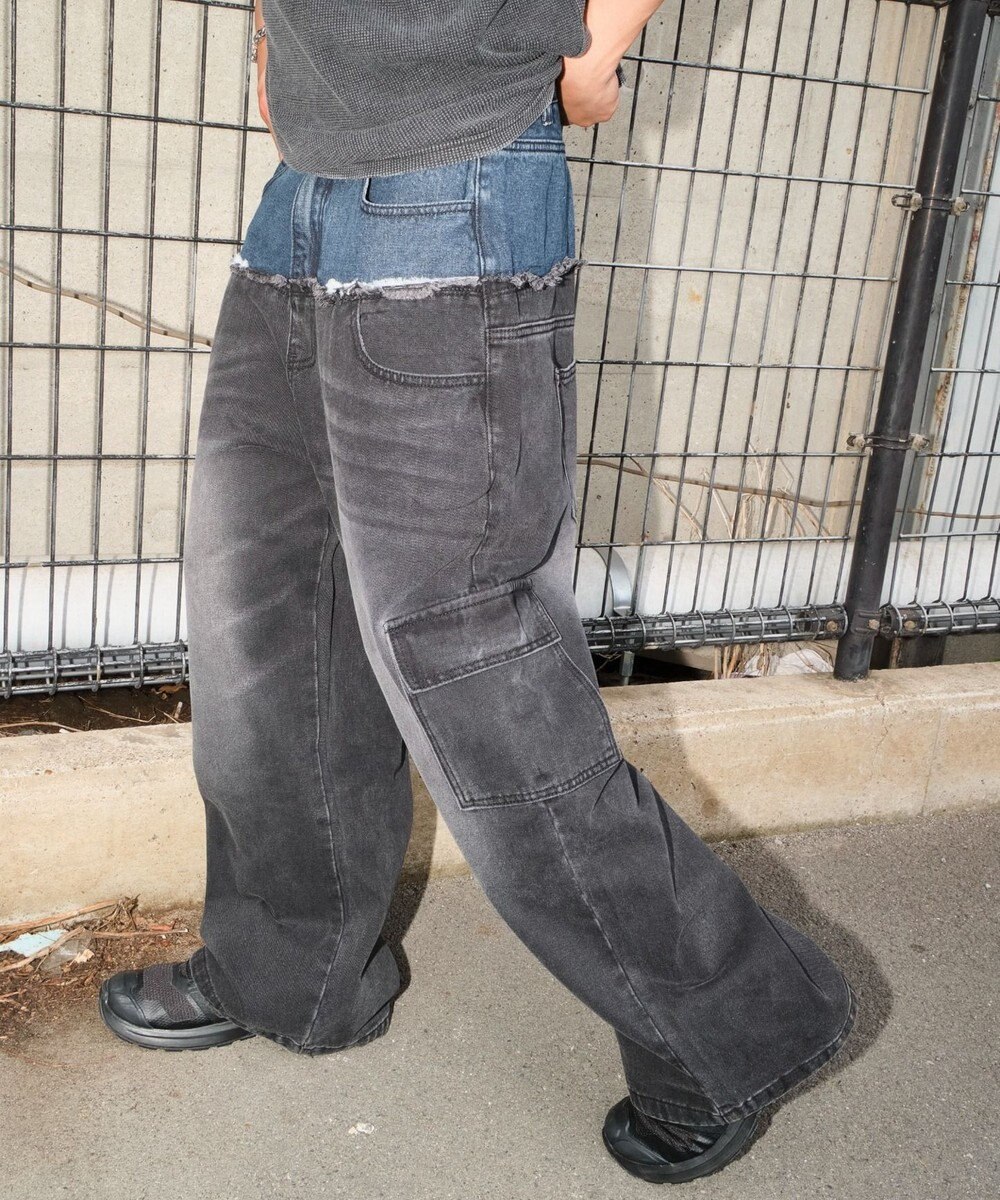 WEGO 【ユニセックス着用ITEM?MLサイズ展開】ダブルウエストカーゴデニムパンツ 