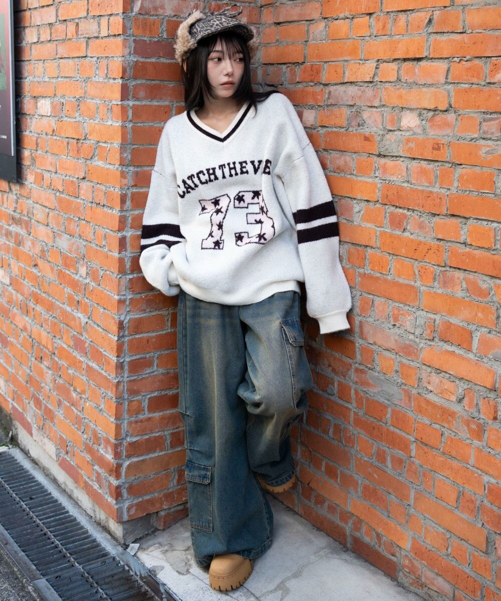 WEGO 【25年秋冬新作】フラッフィーVネックニットBIGプルオーバー 